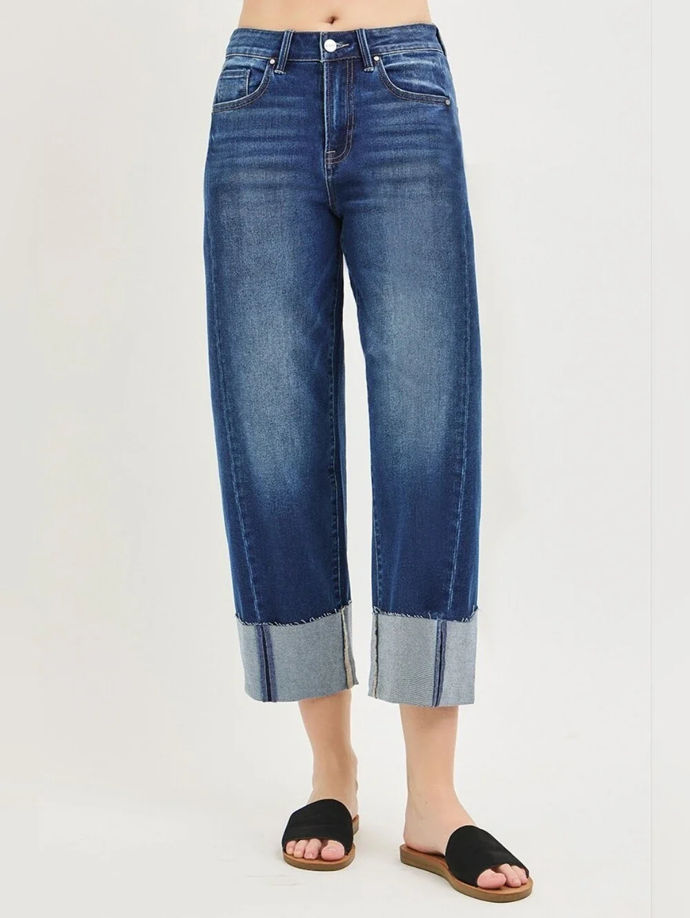 RISEN Dark Wash Slouchy Cuffed Barrel Jeans Stretch Relaxed Various Plus NEW - Picture 2 of 6